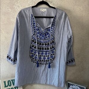 Elegant Blue Embroidered Tunic Top